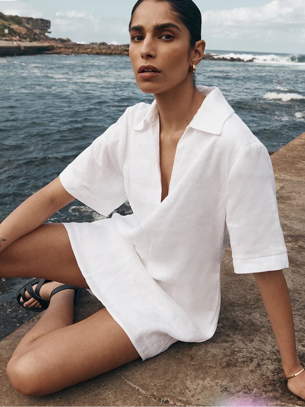 DISSH CANDICE WHITE LINEN SMOCK DRESS
